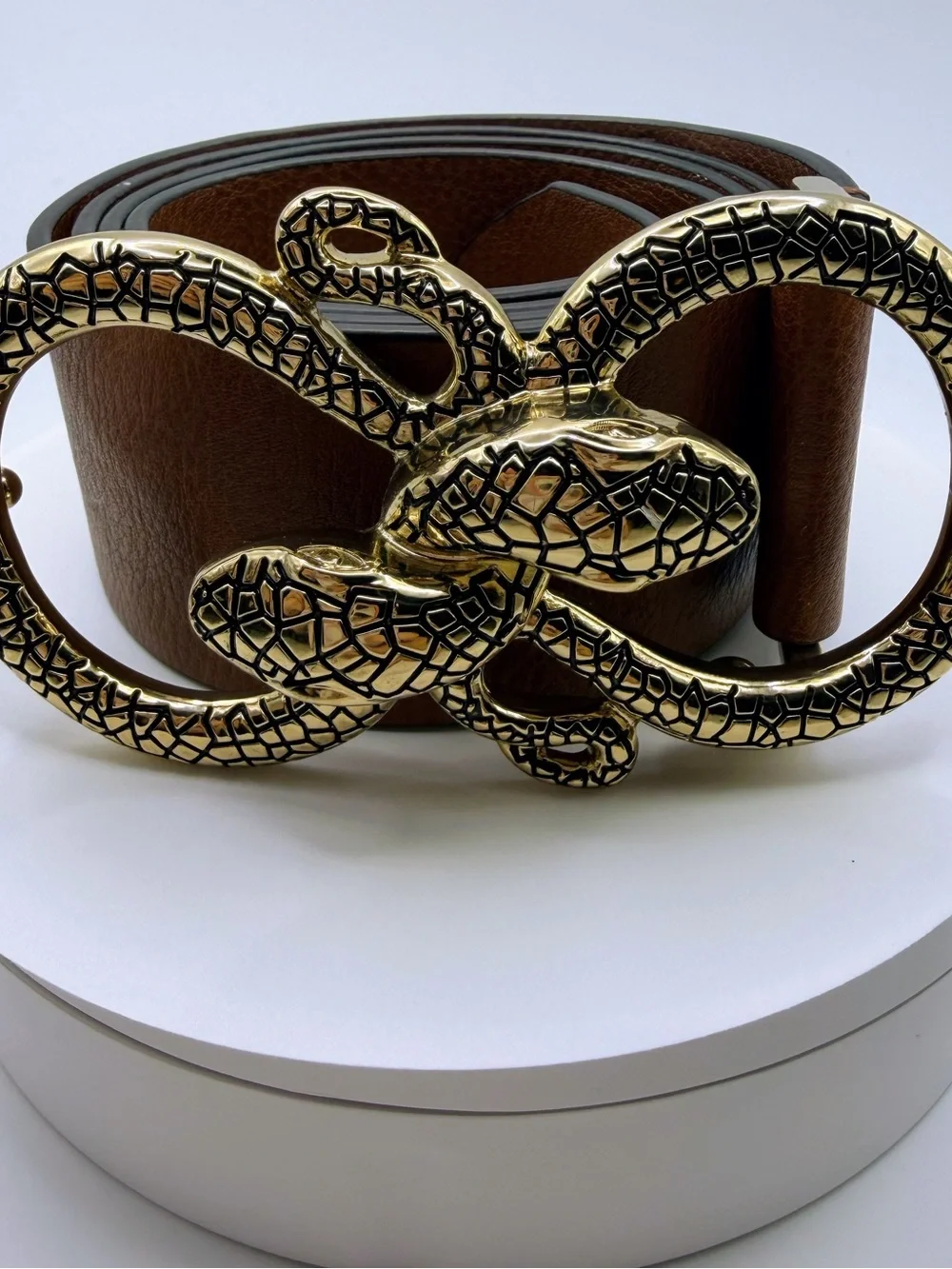 Express Brown Leather Belt with Gold Double-Snake Buckle